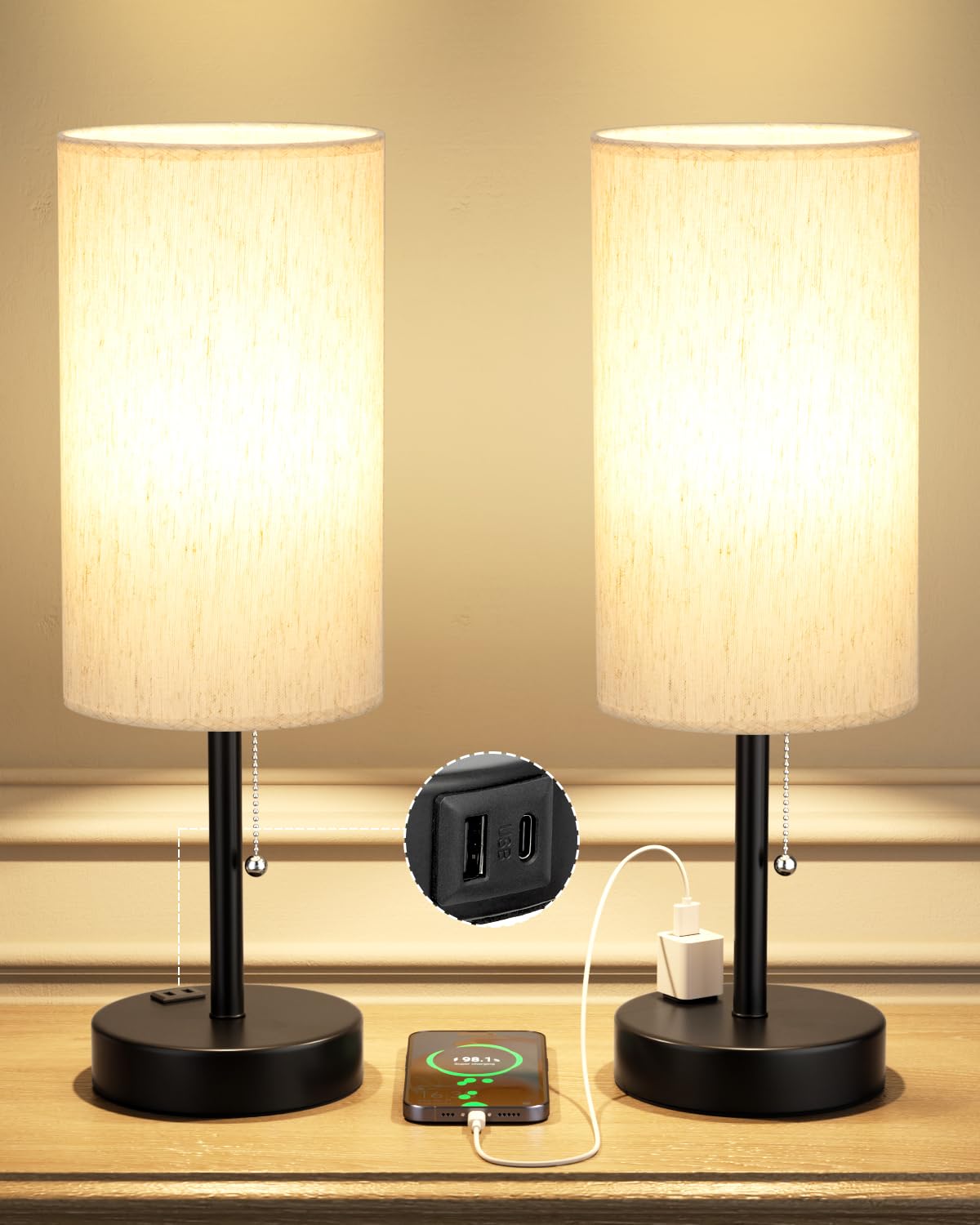 Fenmzee Bedside Table Lamps Set of 2 - Small Nightstand Lamp for Bedroom