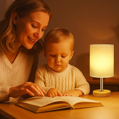 Small Table Lamp for Bedroom, Bedside Lamp with 3000K Warm LED Bulb Included, Nightstand Lamp for Living Room Office Dorm Kids Room, Easy Assemble Minimalist Cream Shade & Wood Base(5W)
