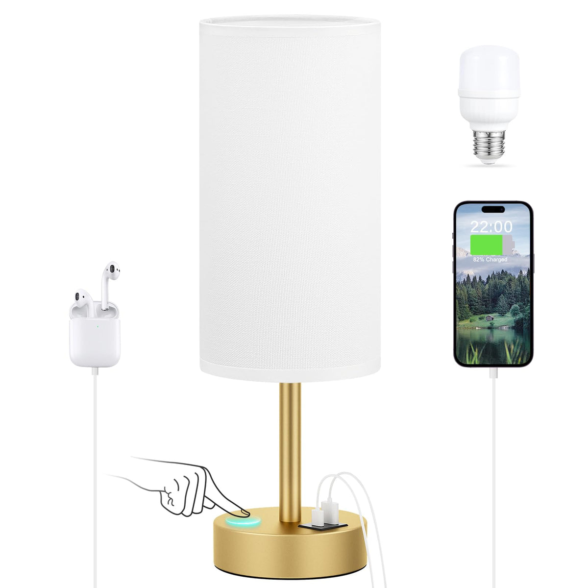 Dicoool Bedside Table Lamp for Bedroom - 3-Way Dimmable Touch Lamp, USB A+C