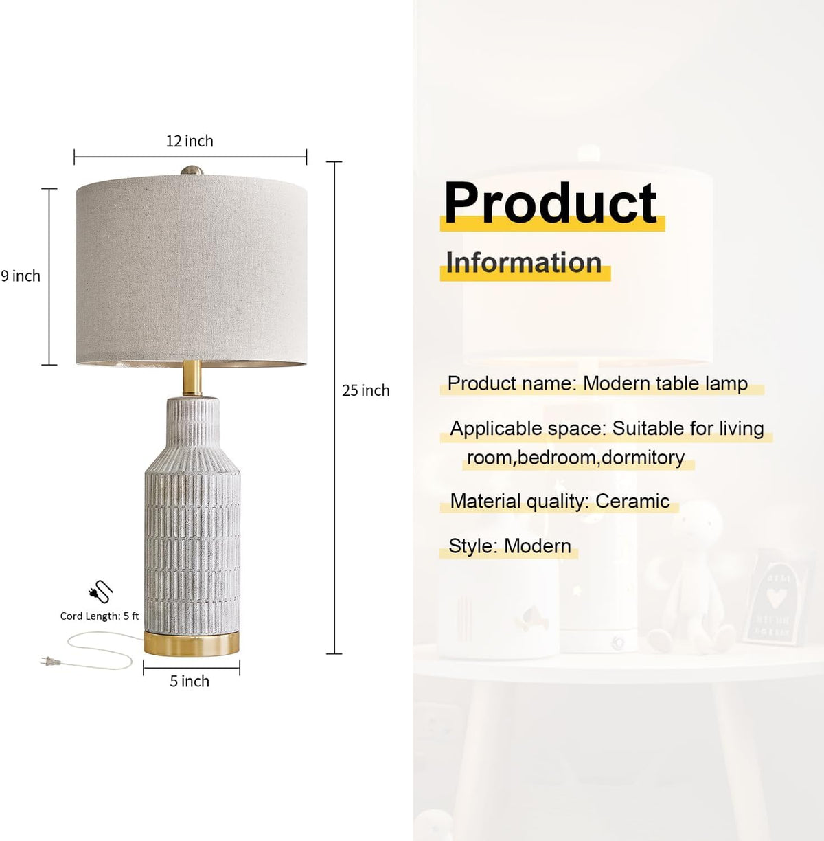 USumkky 25" Modern Ceramic Lamps Single Table Lamp for Living Room Bedroom Farmhouse Nightstand Bedside Lamps