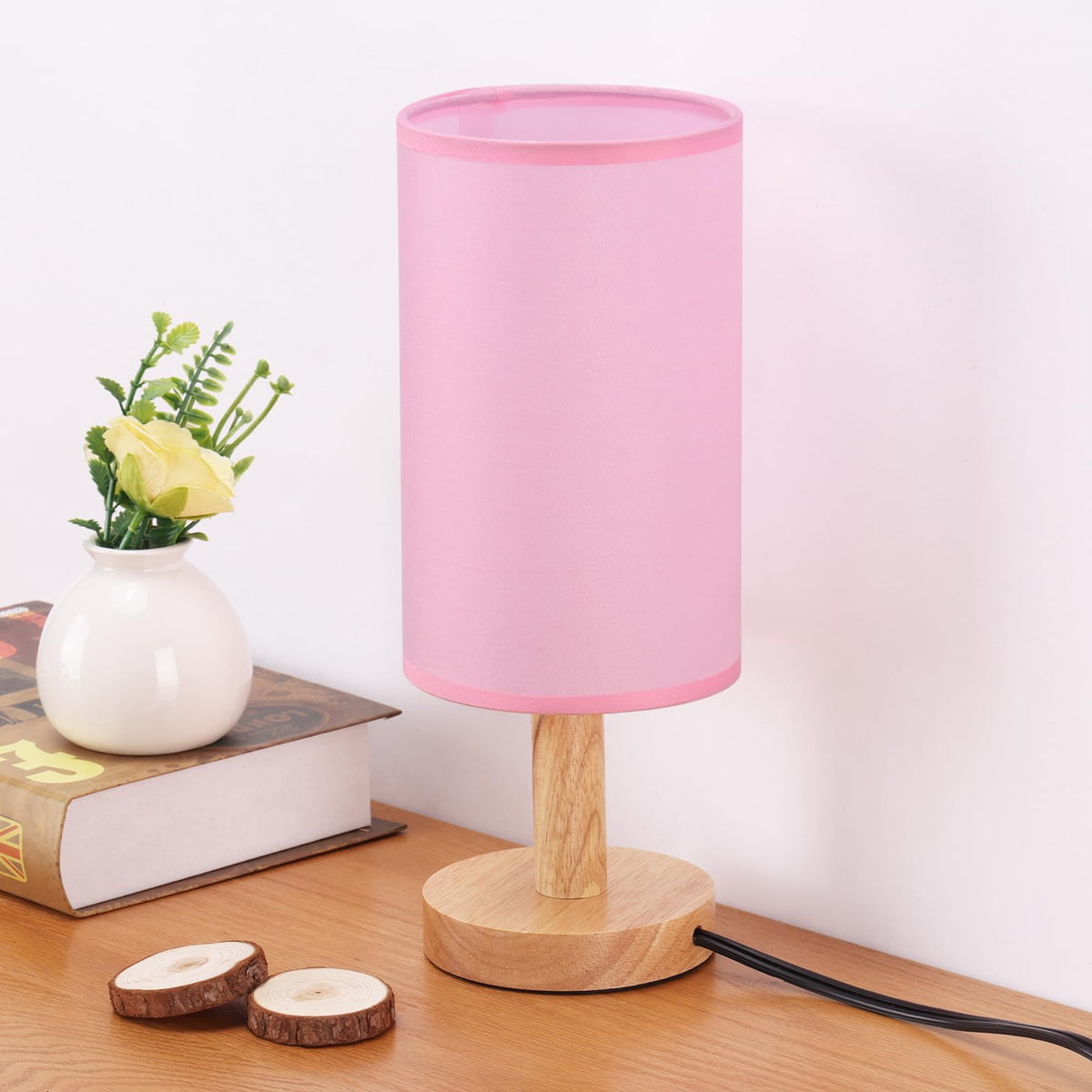 Small Bedside Night Table Lamp for Bedroom, Minimalist Nightstand Lamp with Round Fabric Linen Shade, Study Reading Desk Lamp for Kids Room, Living Room, College Dorm, Home, Office