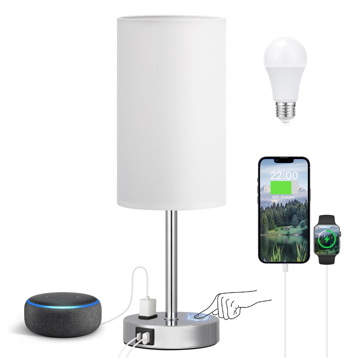 Fenmzee Bedside Table Lamp for Bedroom - Dimmable Touch, USB A+C, AC Outlet
