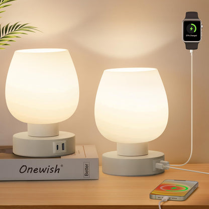 ONEWISH Small Bedside Lamp for Bedroom, 3-Way Dimmable Touch Control, 600 Lumen Bright Opal Glass Shade, 7.5 Inch Ultra Compact Nightstand Lamp, Warm White 2700K LED Bulb Included, Modern Design
