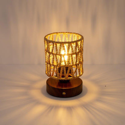 Small Rattan Table Lamp for Bedroom, Boho Bedside Lamp with Warm LED Bulb, Handwoven Wicker Nightstand Lamp for Nursery, Entryway & Dorm, Mini Ambient Night Light with Wood Base (8.6" Tall)