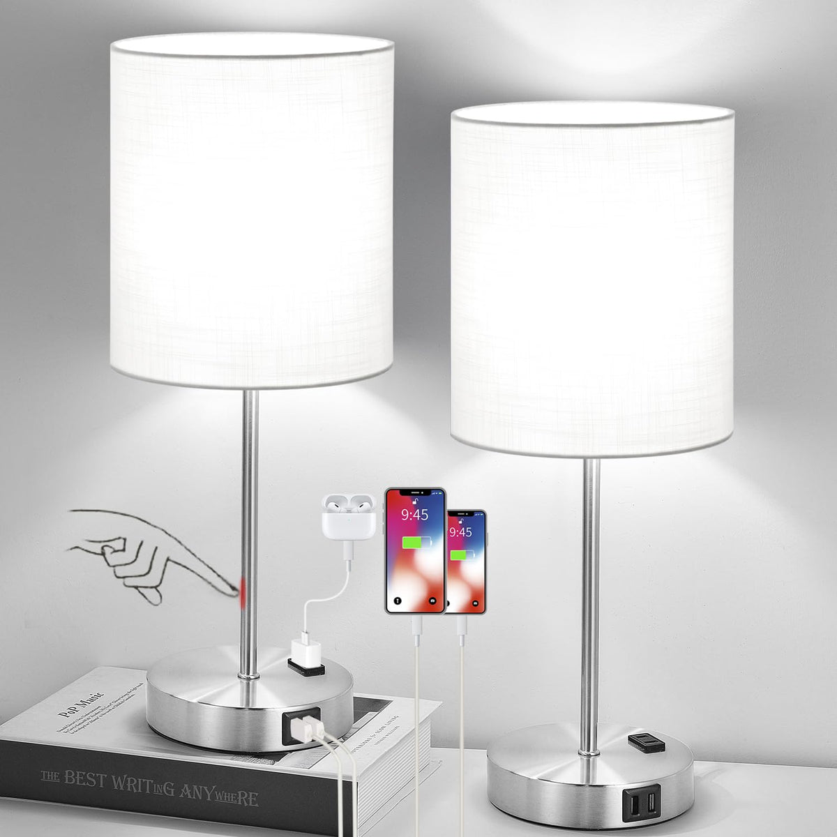 Set of 2 Touch Control Table Lamps with 2 USB & AC Outlet, 3-Way Dimmable Bedside Nightstand Lamps for Bedroom Living Room Nursery, 800 Lumens 5000K Daylight Bulbs Included
