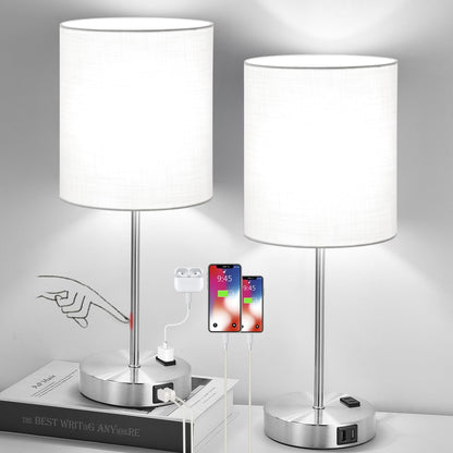 Set of 2 Touch Control Table Lamps with 2 USB & AC Outlet, 3-Way Dimmable Bedside Nightstand Lamps for Bedroom Living Room Nursery, 800 Lumens 5000K Daylight Bulbs Included