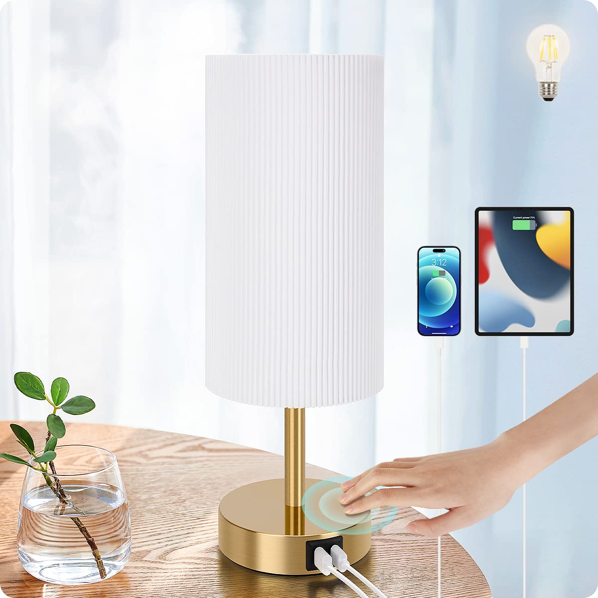 Yarra-Decor Bedside Table Lamp with USB Ports, Touch Dimmable Nightstand