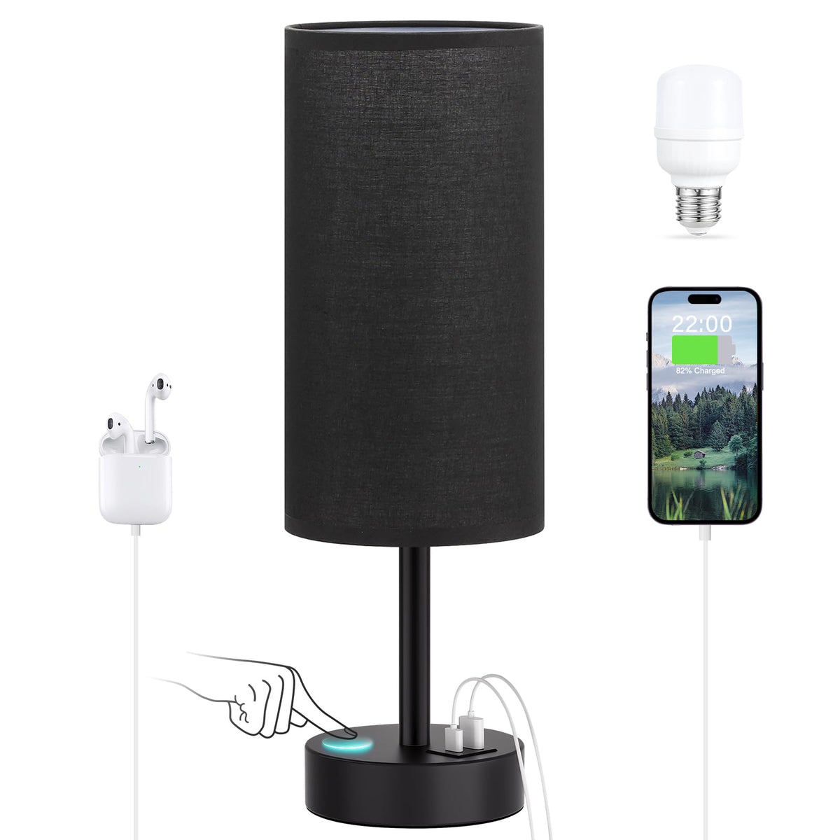 Dicoool Bedside Table Lamp for Bedroom - 3-Way Dimmable Touch Lamp, USB A+C