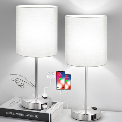 Set of 2 Touch Control Table Lamps with 2 USB & AC Outlet, 3-Way Dimmable Bedside Nightstand Lamps for Bedroom Living Room Nursery, 800 Lumens 5000K Daylight Bulbs Included