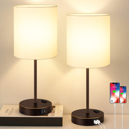 Set of 2 Touch Control Table Lamps with 2 USB & AC Outlet, 3-Way Dimmable Bedside Nightstand Lamps for Bedroom Living Room Nursery, 800 Lumens 5000K Daylight Bulbs Included
