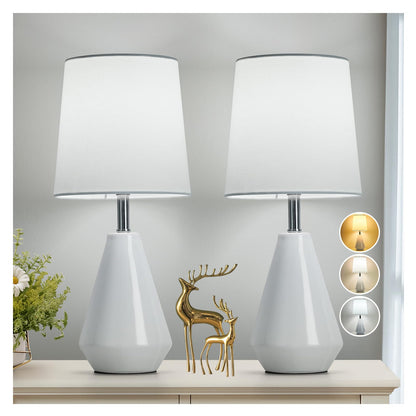 Small Bedside Table Lamp for Bedroom - Reading Desk Lamp with 3 Color Temperatures，15.5" Nightstand Ceramic Lamp with Fabric Shade for Kids Room,Living Room,Dorm,Home Office (White)