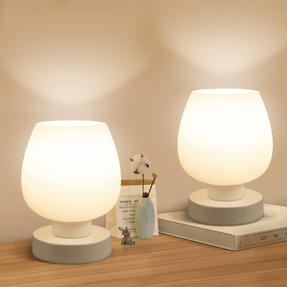 ONEWISH Small Bedside Lamp for Bedroom, 3-Way Dimmable Touch Control, 600 Lumen Bright Opal Glass Shade, 7.5 Inch Ultra Compact Nightstand Lamp, Warm White 2700K LED Bulb Included, Modern Design