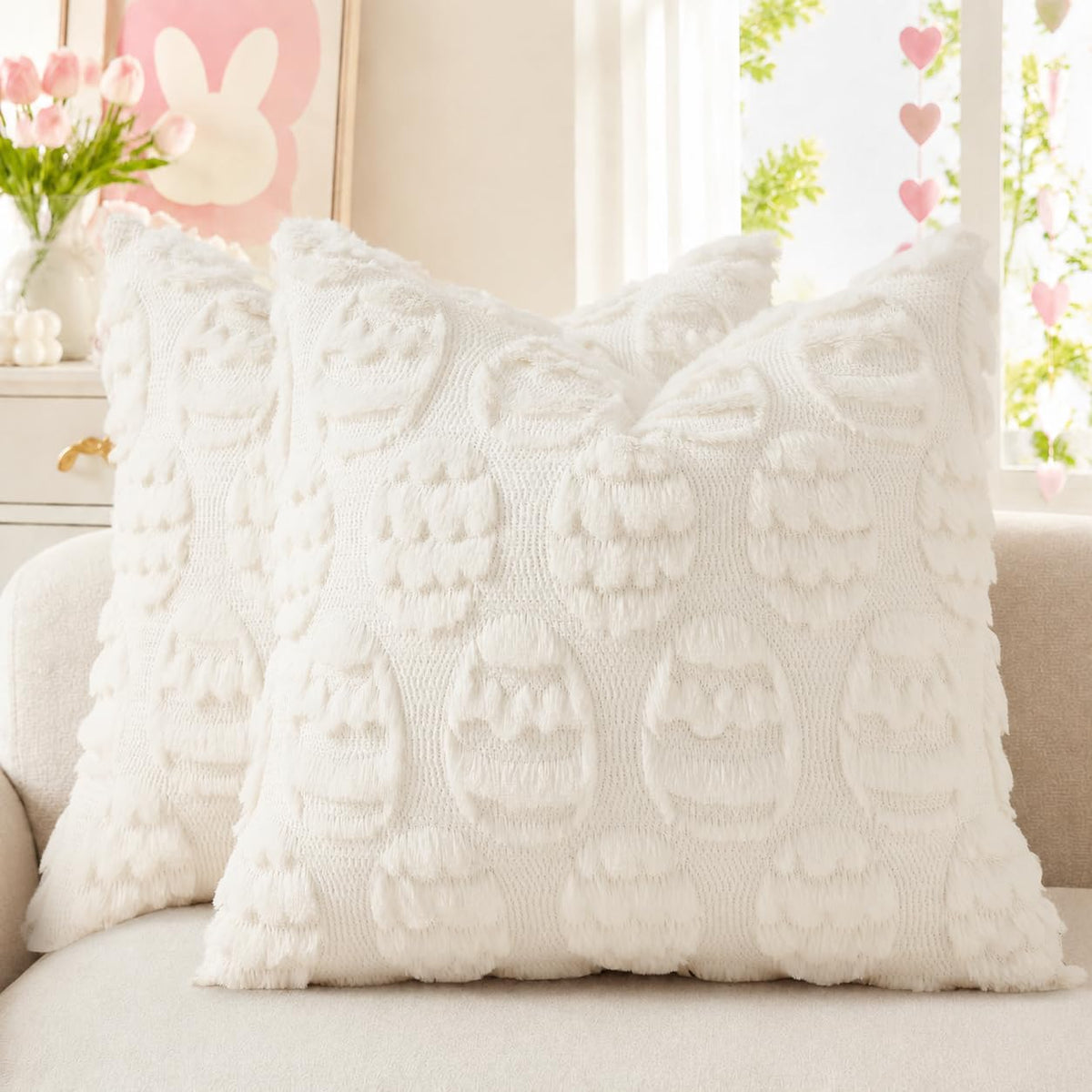 decorUhome Faux Fur Plush Soft Beige Throw Pillow Covers 18x18 Set of 2