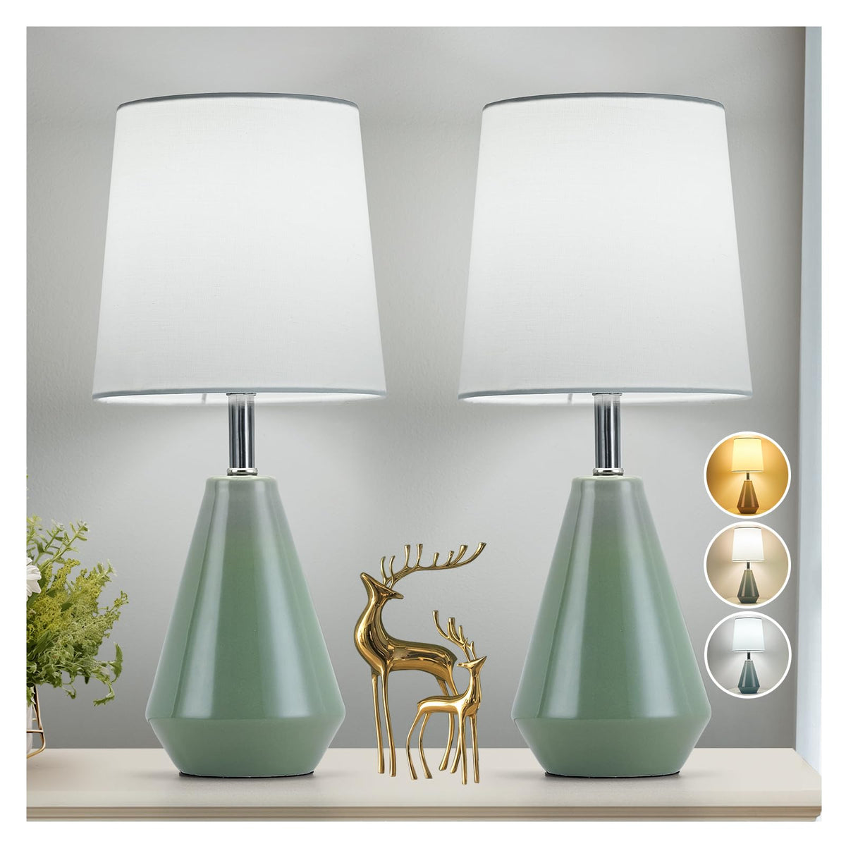 Small Bedside Table Lamp for Bedroom - Reading Desk Lamp with 3 Color Temperatures，15.5" Nightstand Ceramic Lamp with Fabric Shade for Kids Room,Living Room,Dorm,Home Office (White)