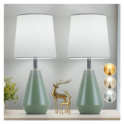 Small Bedside Table Lamp for Bedroom - Reading Desk Lamp with 3 Color Temperatures，15.5" Nightstand Ceramic Lamp with Fabric Shade for Kids Room,Living Room,Dorm,Home Office (White)