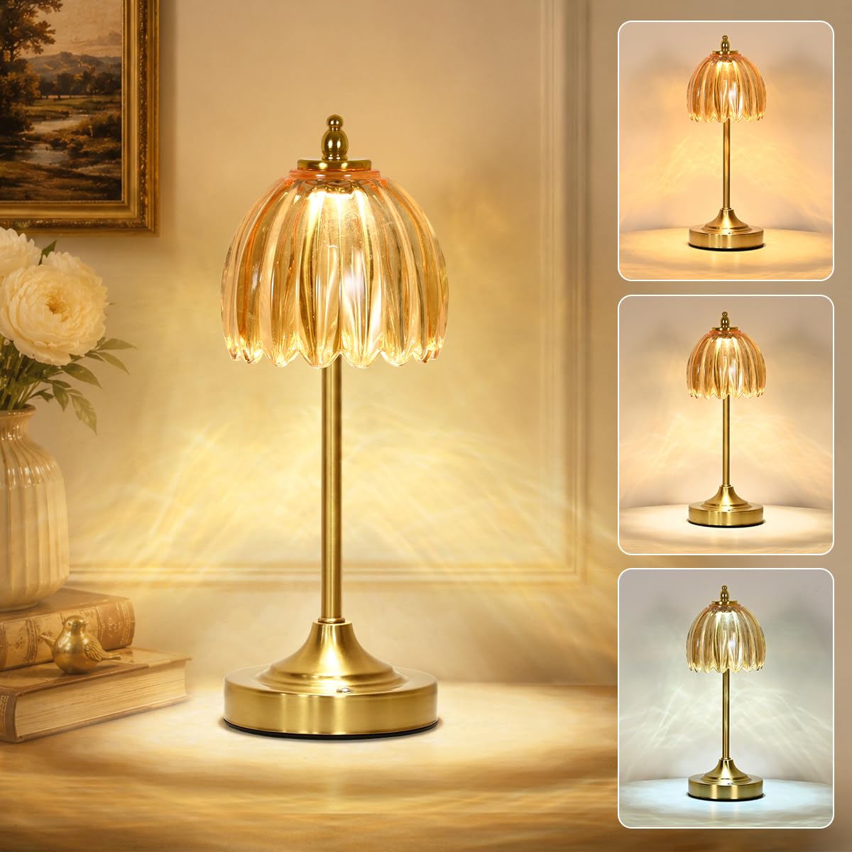 Glass Tulip Table Lamp, Cordless Rechargeable Desk Lamp - Green