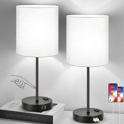 Set of 2 Touch Control Table Lamps with 2 USB & AC Outlet, 3-Way Dimmable Bedside Nightstand Lamps for Bedroom Living Room Nursery, 800 Lumens 5000K Daylight Bulbs Included