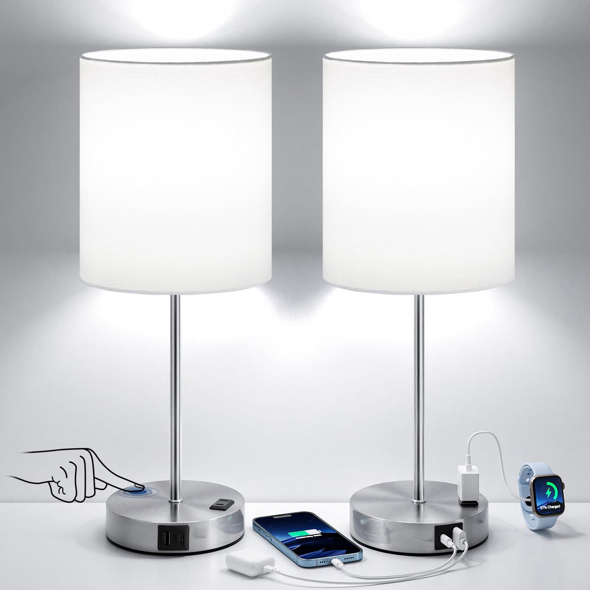 Fenmzee Touch Lamps for Bedroom Set of 2 - Dimmable, USB C+A, AC Outlet