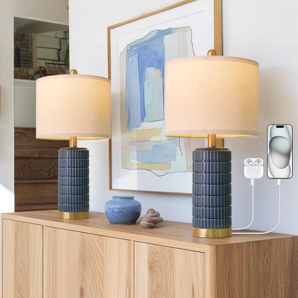 PoKat 20.75" Small Modern Ceramic Table Lamps Set of 2 for Bedroom, White
