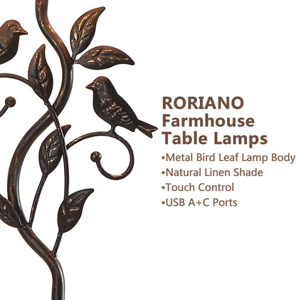 27" Touch Farmhouse Bird Table Lamps for Living Room with 2 USB C+A Ports