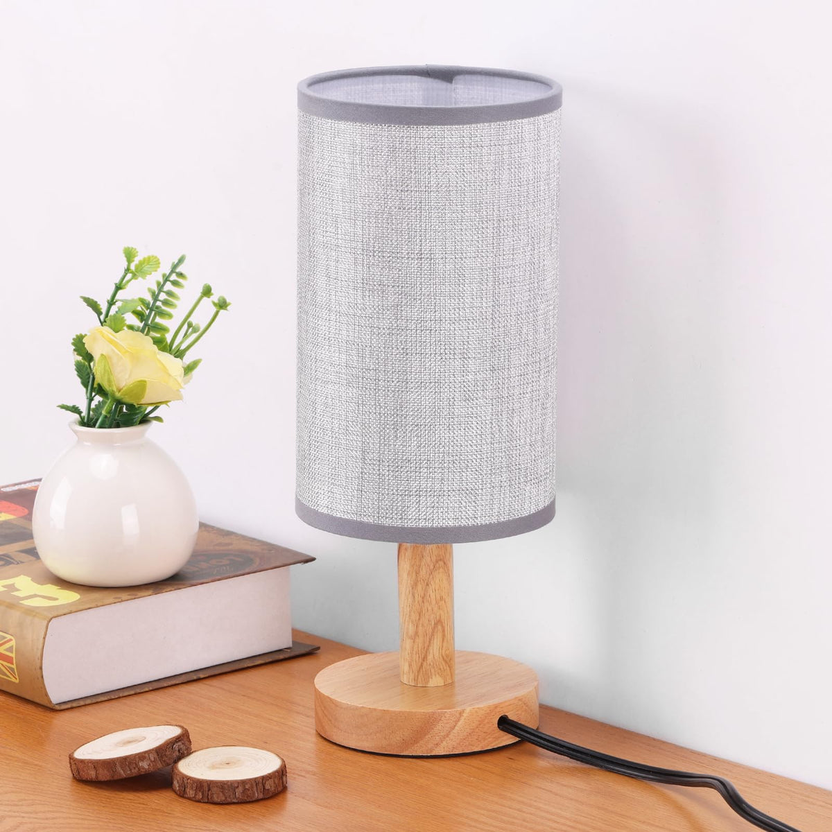 Small Bedside Night Table Lamp for Bedroom, Minimalist Nightstand Lamp with Round Fabric Linen Shade, Study Reading Desk Lamp for Kids Room, Living Room, College Dorm, Home, Office