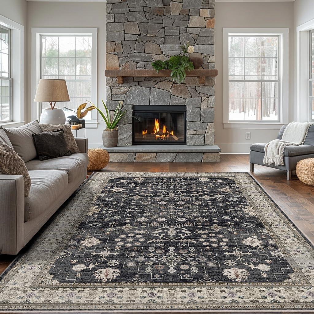 8x10 Washable Area Rugs for Living Room (Charcoal Blush Ivory)
