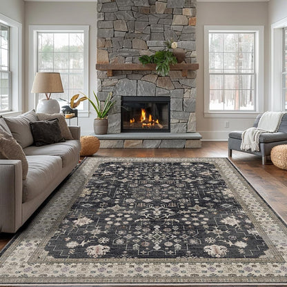 8x10 Washable Area Rugs for Living Room (Charcoal Blush Ivory)