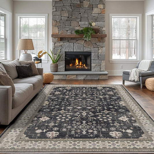 8x10 Washable Area Rugs for Living Room (Charcoal Blush Ivory)