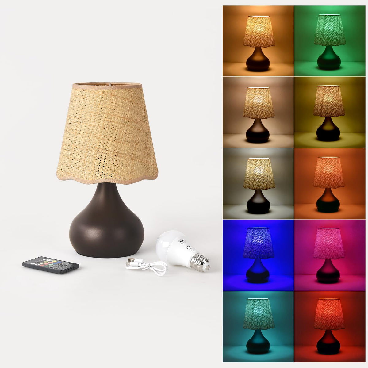 Ziqqeelam Brown Small Bedside Table Lamp for Bedroom, Farmhouse Bedroom Lamps for Nightstand, Rattan Lamp Shade Table Lamps for Small Spaces for Kitchen Counter, Home Office, Living Room, Kids Dorm