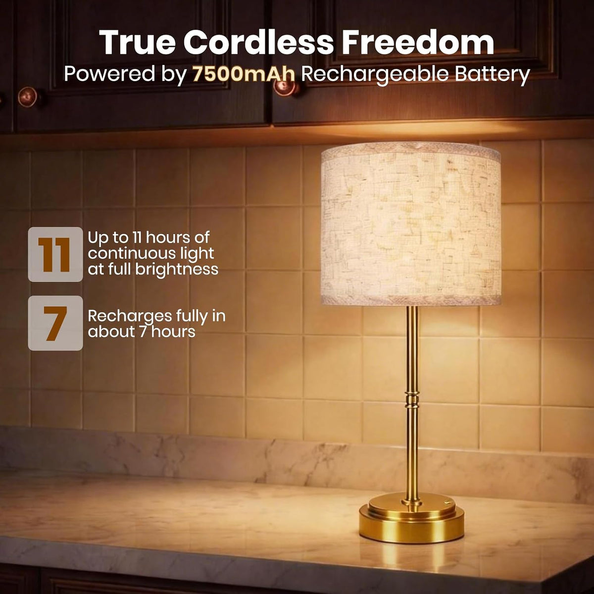 AWOKE 17.7-Inch Tall Cordless Table Lamp, 7500mAh Long-Lasting Battery Operated Light, Stepless Dimmable 3000K Warm Desk Lamp with Easy-Assembly DIY Fabric Shade for Bedroom and Nightstand
