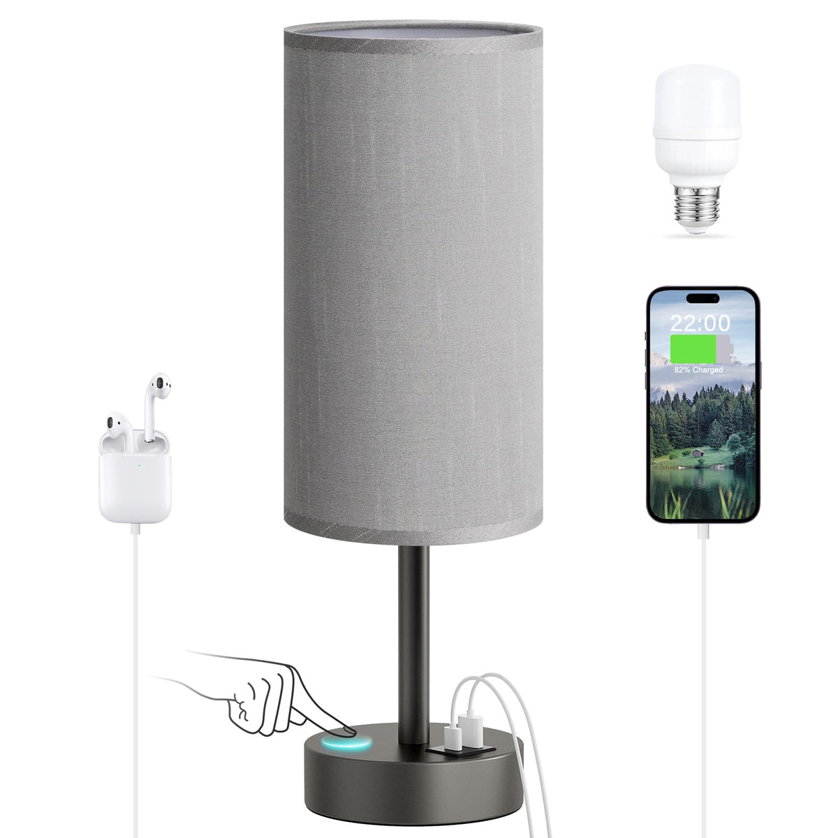 Dicoool Bedside Table Lamp for Bedroom - 3-Way Dimmable Touch Lamp, USB A+C