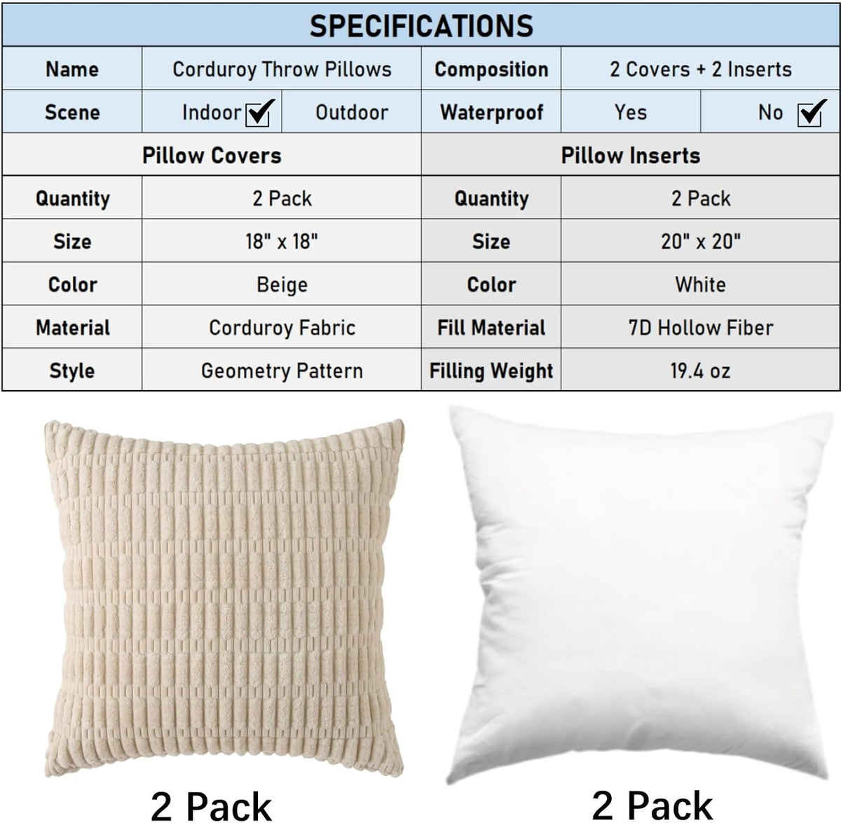 2 Pack Corduroy Decorative Throw Pillow with Inserts, 18x18 Inch Soft Boho Throw Pillow, Square Striped Throw Pillows for Couch, Bed, Sofa Decor(Beige)