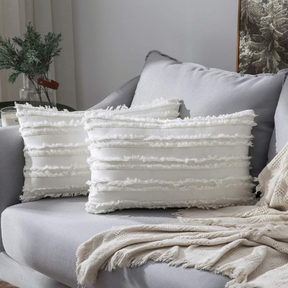 MIULEE Boho Linen Striped Throw Pillow Covers 16x16, Light Blue