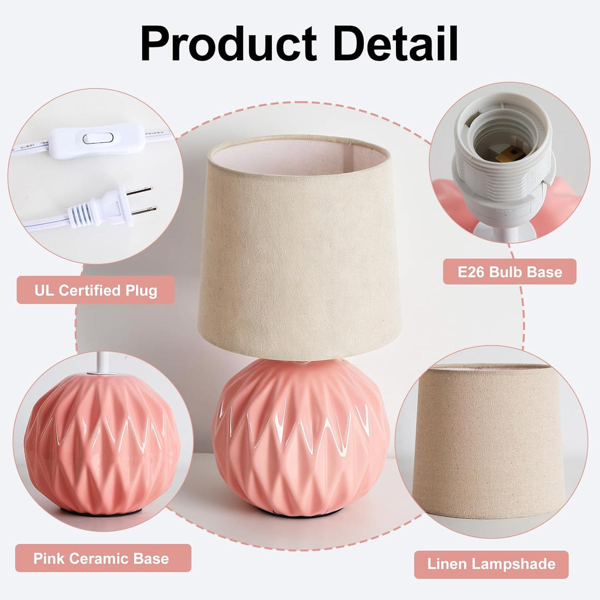 Pink Ceramic Table Lamp with Linen Shade, Small Bedside Lamp for Bedroom