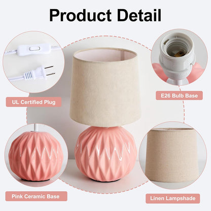 Pink Ceramic Table Lamp with Linen Shade, Small Bedside Lamp for Bedroom