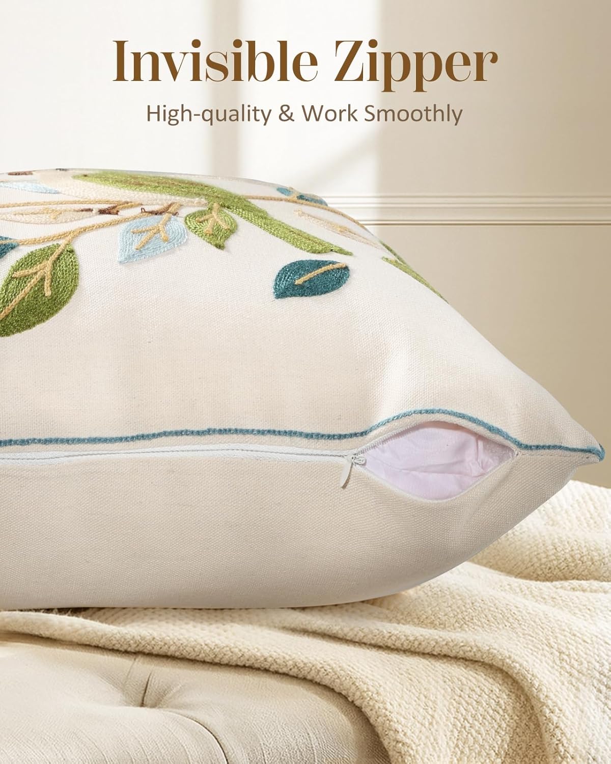Animal Embroidered Throw Pillow Cover 18x18 Inch, Floral Birds