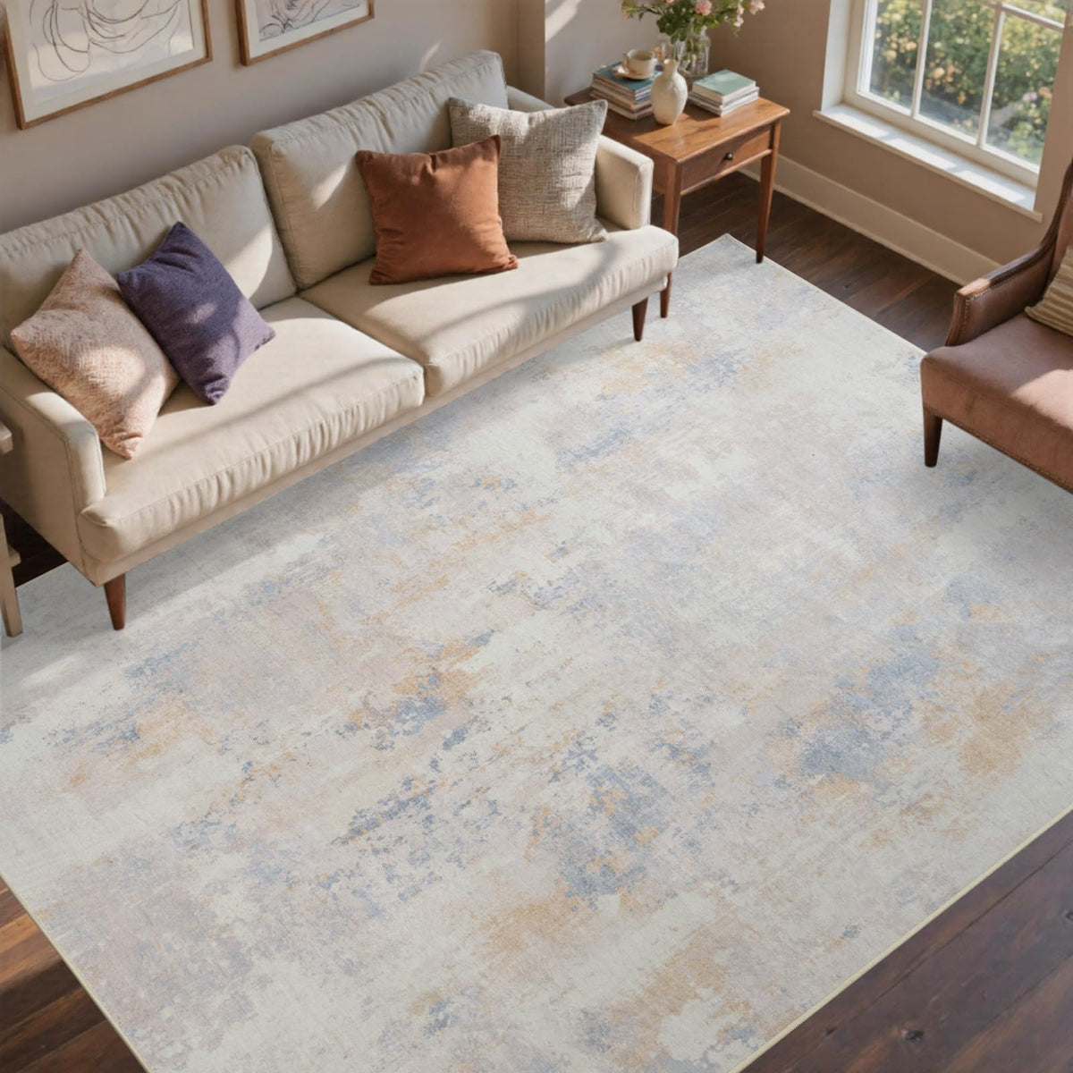 6x9 Ft Abstract Washable Area Rugs for Living Room Blue