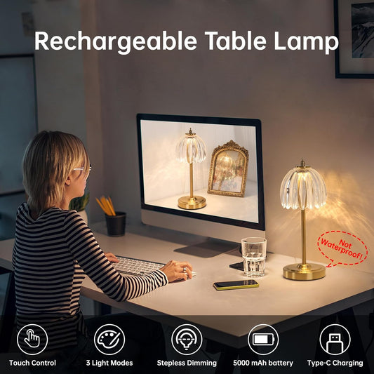 Shenmoyl Tulip Table Lamp with 5000mAh Battery & Touch Control, Cordless Table Lamp with 3 Colors, Dimmable Rechargeable Table Lamps for Bedroom, Nightstand, Living Room, Entryways (Transparent Tulip)