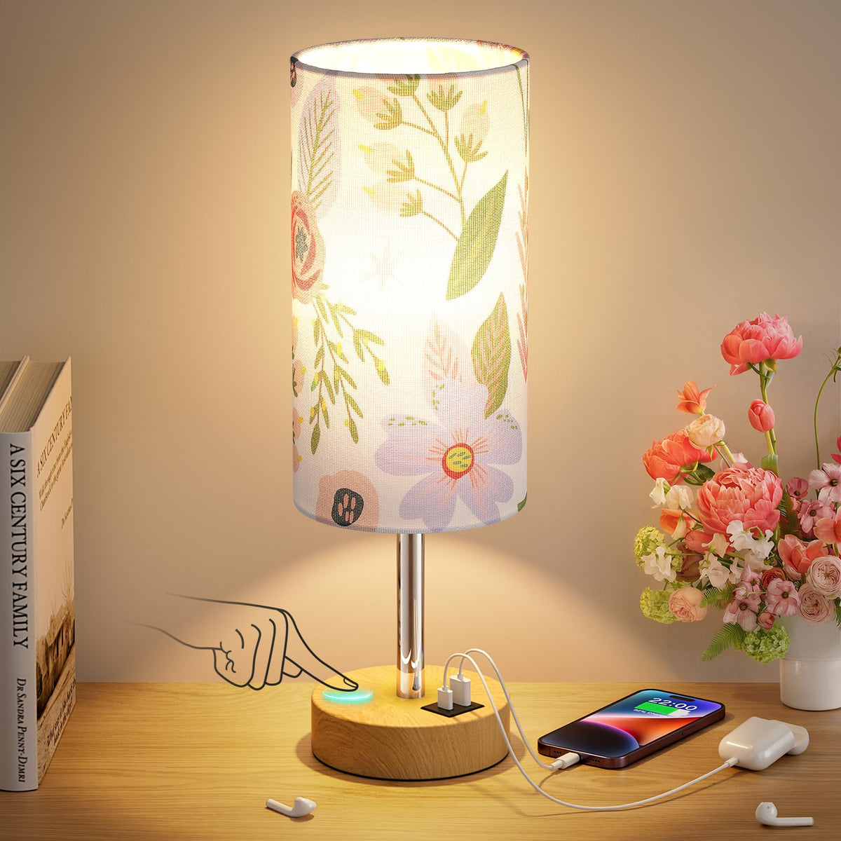 Dicoool Bedside Table Lamp for Bedroom - 3-Way Dimmable Touch Lamp, USB A+C