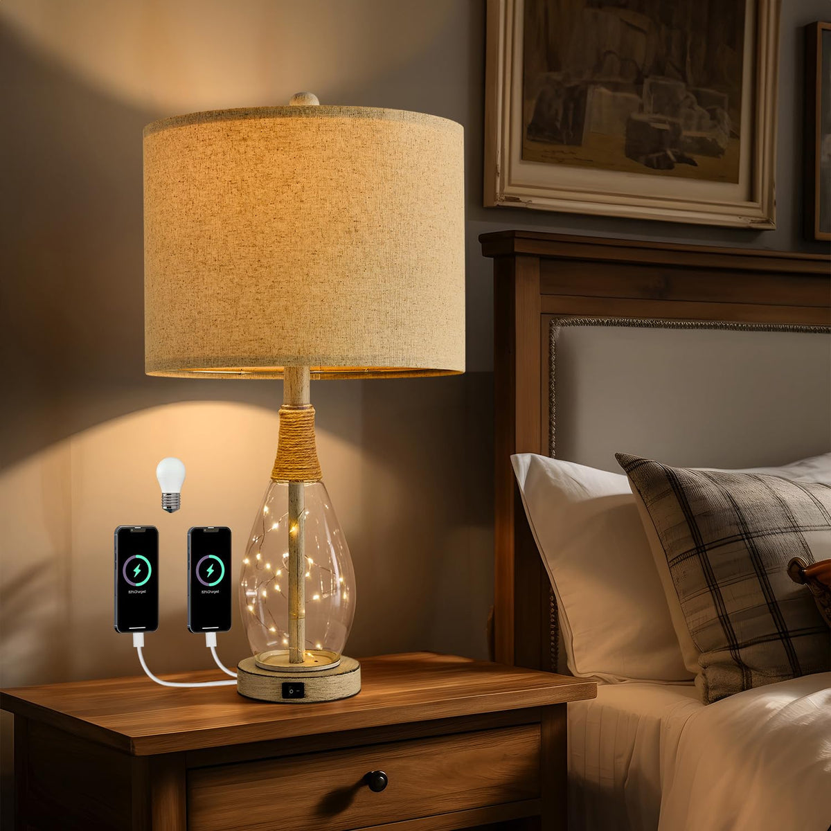 OYEARS Bedside Table Lamp with USB, 23‘’ Black Modern Nightstand Lamps for Bedroom, Retro Rattan Table Lamps for Night Stands, Living Room, Farmhouse Table Lamp with Glass Nightlight Lamps