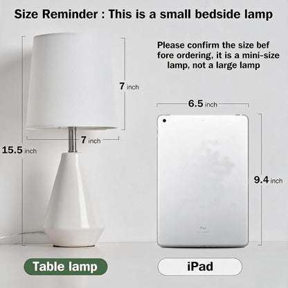 Small Bedside Table Lamp for Bedroom - Reading Desk Lamp with 3 Color Temperatures，15.5" Nightstand Ceramic Lamp with Fabric Shade for Kids Room,Living Room,Dorm,Home Office (White)