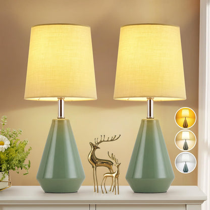 Small Bedside Table Lamp for Bedroom - Reading Desk Lamp with 3 Color Temperatures，15.5" Nightstand Ceramic Lamp with Fabric Shade for Kids Room,Living Room,Dorm,Home Office (White)