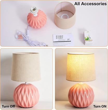 Pink Ceramic Table Lamp with Linen Shade, Small Bedside Lamp for Bedroom