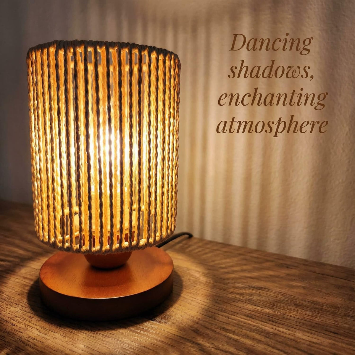 Small Rattan Table Lamp for Bedroom, Boho Bedside Lamp with Warm LED Bulb, Handwoven Wicker Nightstand Lamp for Nursery, Entryway & Dorm, Mini Ambient Night Light with Wood Base (8.6" Tall)