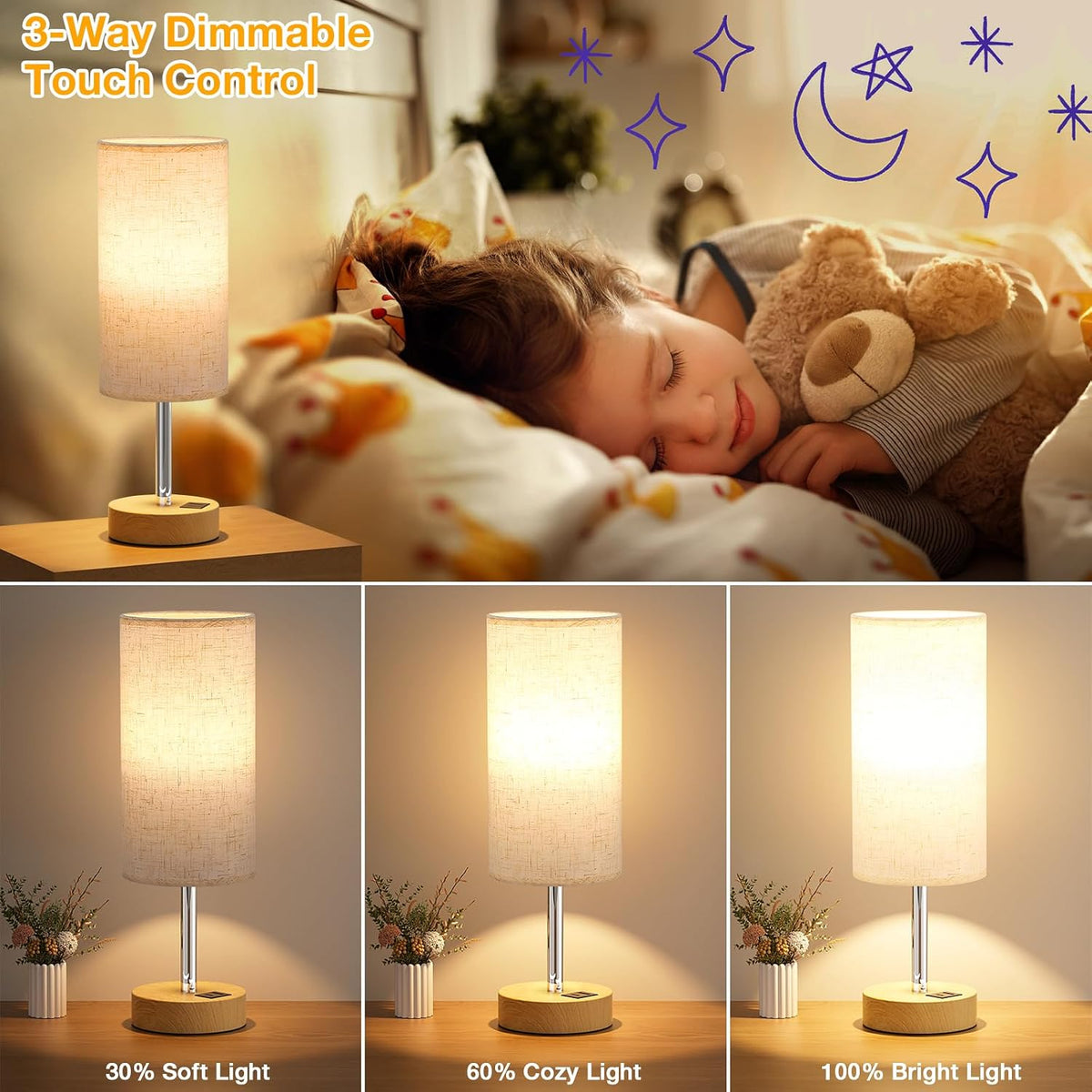 Dicoool Bedside Table Lamp for Bedroom - 3-Way Dimmable Touch Lamp, USB A+C