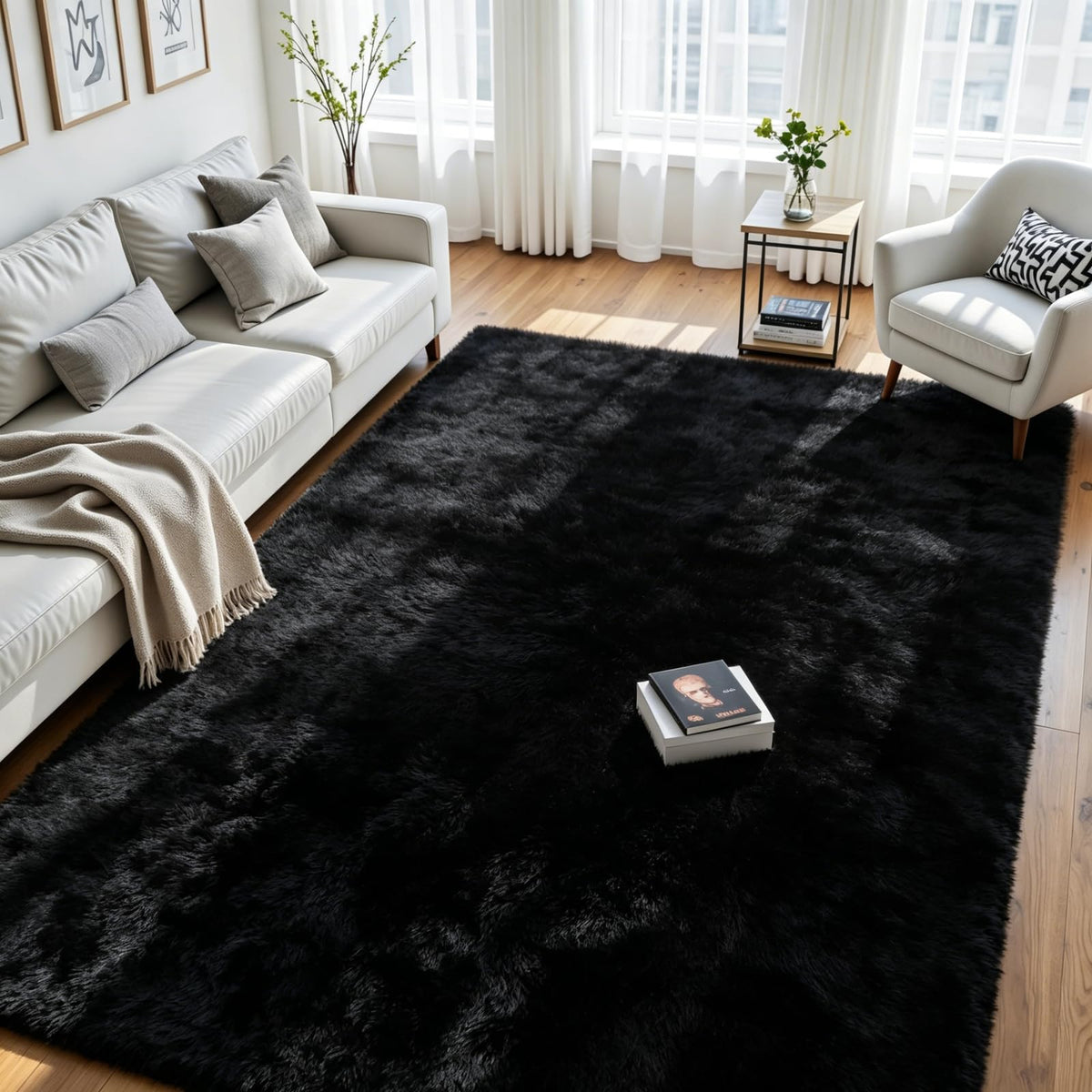 8x10 Fluffy Area Rug for Living Room: Non-Slip Grey Camel Bedroom Carpet