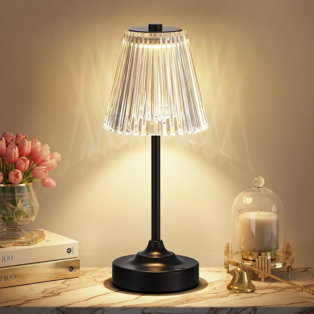 Gold Cordless Rechargeable Table Lamp, Battery Operated, Crystal, Small