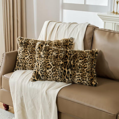 Cheetah Print Faux Fur Fluffy Pillowcases,Plush Soft Throw Pillow Covers, Fuzzy Decorative Leopard Print Pillow Cases, Furry Brown Leopard Cushion Covers for Couch Sofa-18x18 inch Set of 2