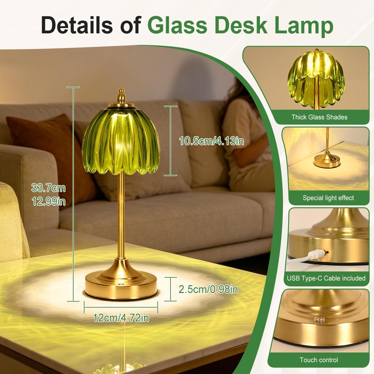 Glass Tulip Table Lamp, Cordless Rechargeable Desk Lamp - Green