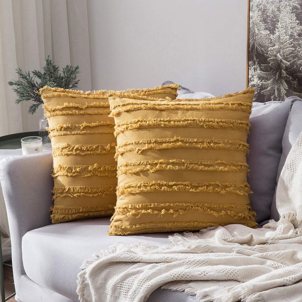 MIULEE Boho Linen Striped Throw Pillow Covers 16x16, Light Blue